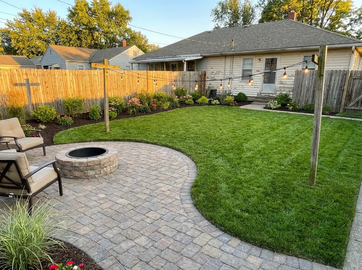New paver patio with fire pit after transformation